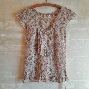 478a. tan & pink floral vintage Mudd 2000s y2k blouse, S